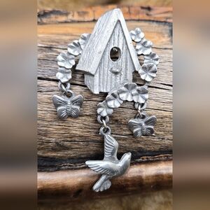 L.C.D. Birdhouse & Articulated Charms Tac Pin - Silver Tone Pewter 2½" X 1½"
